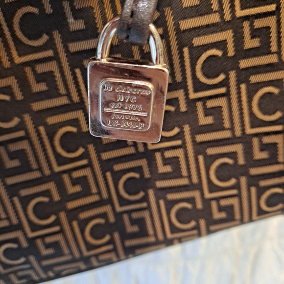 Liz Claiborne Vintage Cotton Canvas Fabric Tan Brown Monogram Shoulder Satchel - Picture 13 of 15